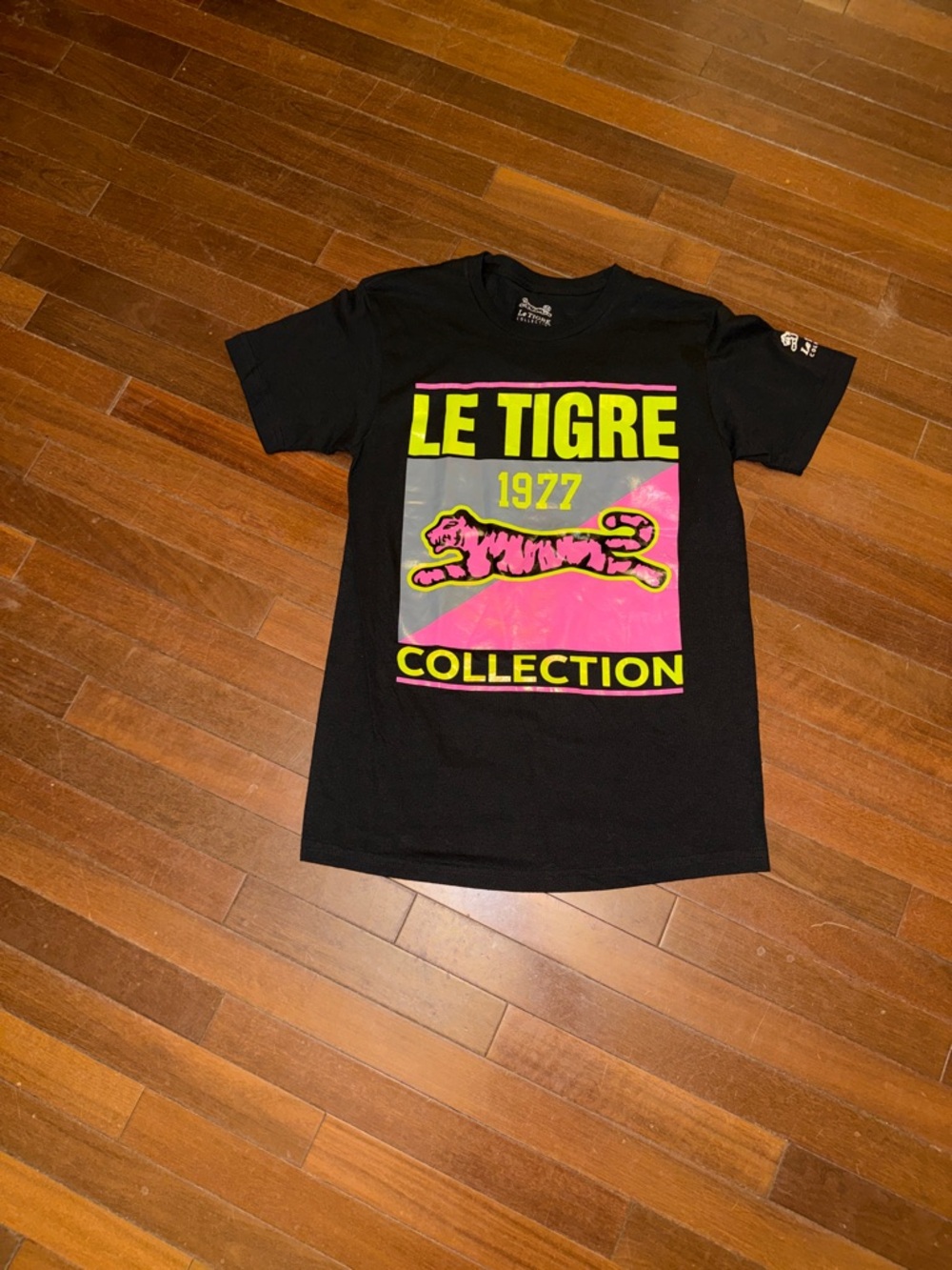 Le Tigre Black Tee with Neon Pink & Neon Yellow Graphic